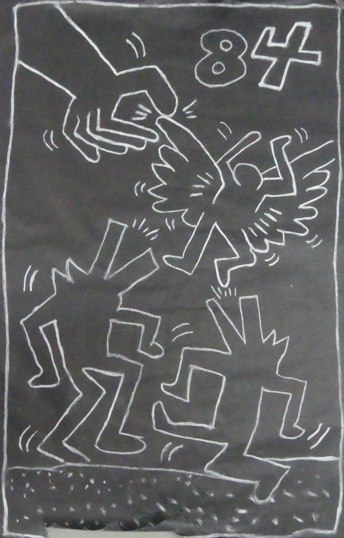 KEITH HARING SUBWAY SERIES CHALK DRAWING ON PAPER: Keith Haring style Subway Series chalk drawing on black paper depicting two dancing barking dogs with angel. Dated 1984 upper right. Measures approx 77" x 43 1/2".