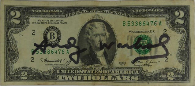 ANDY WARHOL AUTOGRAPHED US TWO DOLLAR BILL