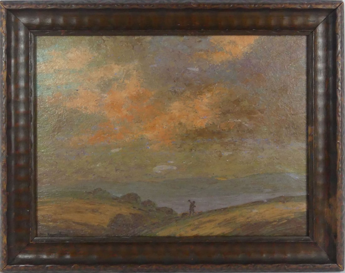 JOHN WALLACE GILLIES 'HUNTER w DOG' OIL ON BOARD: John Wallace Gillies figural landscape oil painting on board depicting a hunter with dog. Signed lower left. Viewable measures 15 1/2" x 11 1/2". Frame measures 19 1/2" x 15 1/2" x 1 1/4".
