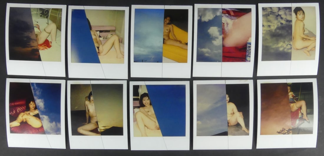 10pc NOBUYOSHI ARAKI POLAROID PRINTS: Ten Nobuyoshi Araki nude prints, each prepared from two collaged SX-70 polaroid images. Each measures 4 1/4" x 3 3/8".