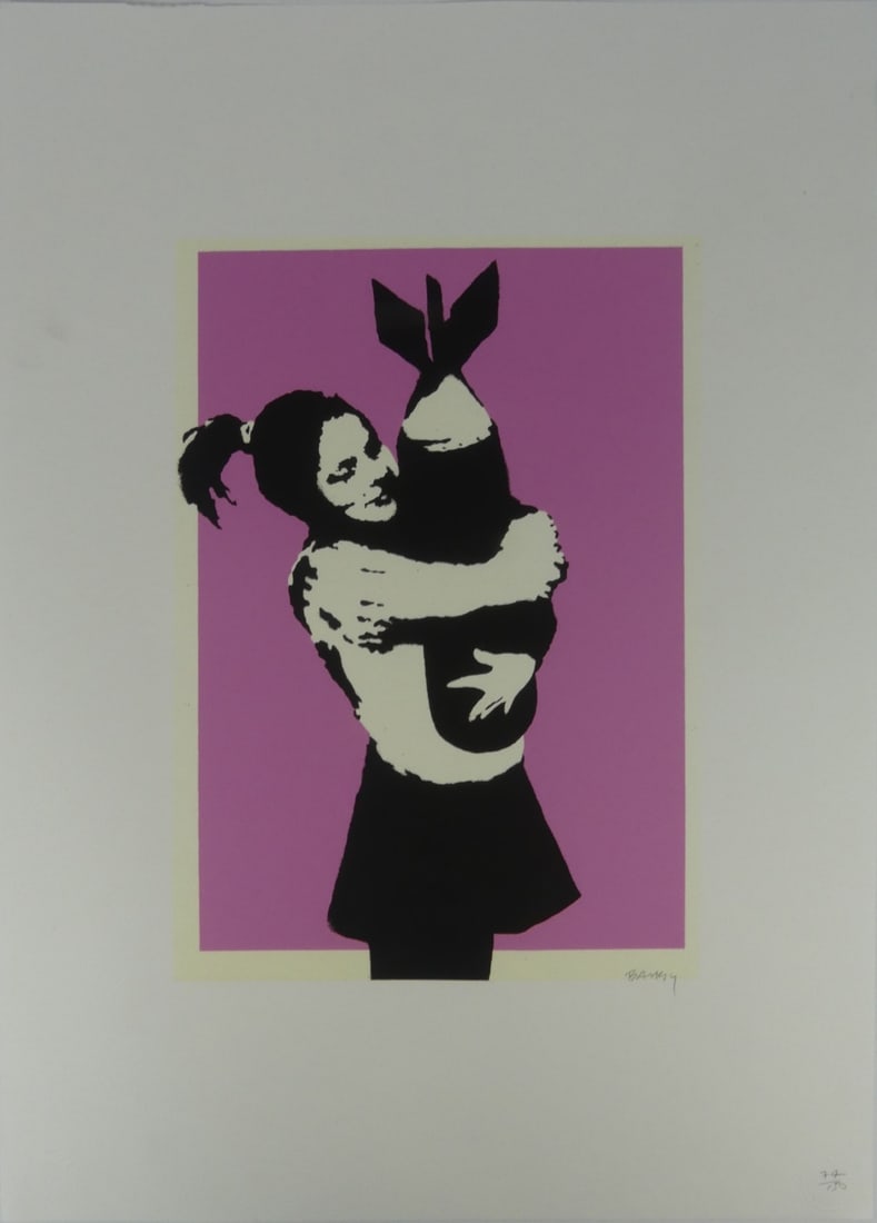 BANKSY 'BOMB HUGGER' LITHOGRAPH: Banksy 'Bomb Hugger' or 'Bomb Love' lithograph. Pencil signed lower right. Numbered 74/150 within blindstamp lower right. Sheet measures 27 1/2" x 19 3/4".