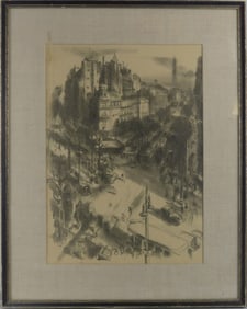 PARISIAN CITY SCENE CHARCOAL DRAWING ON PAPER