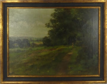 WOMAN IN PARK LANDSCAPE OIL ON CANVAS SIGNED