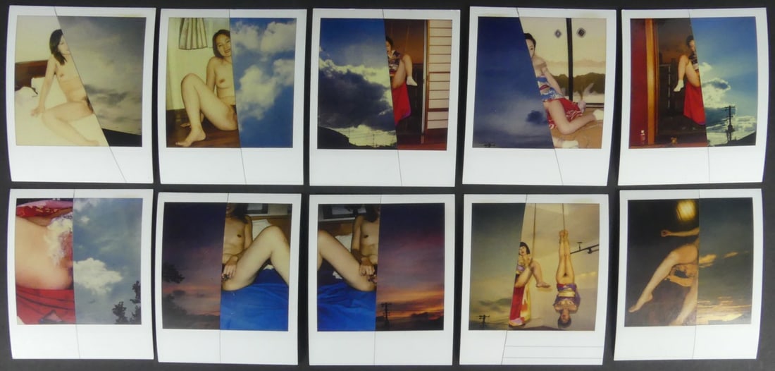 10pc NOBUYOSHI ARAKI POLAROID PRINTS: Ten Nobuyoshi Araki nude prints, each prepared from two collaged SX-70 polaroid images. Each measures 4 1/4" x 3 3/8".