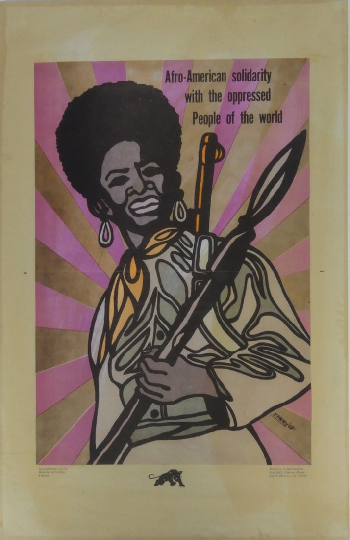 EMORY DOUGLAS 'AFRO-AMERICAN SOLIDARITY' POSTER: Emory Douglas Black Panthers 'Afro-American Solidarity with the Oppressed People of the World'. Depicts an African-American female holding a spear, with a rifle slung across her back. Mounted to cards