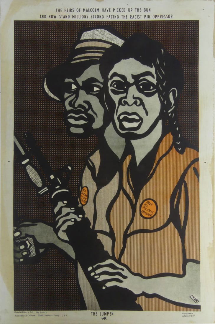 BLACK PANTHERS 'THE LUMPEN' POSTER: Black Panthers poster depicting an African American couple holding firearms and wearing political buttons. Top edge reads 'The Heirs Of Malcolm Have Picked Up the Gun and Now Stand Millions Strong Fac