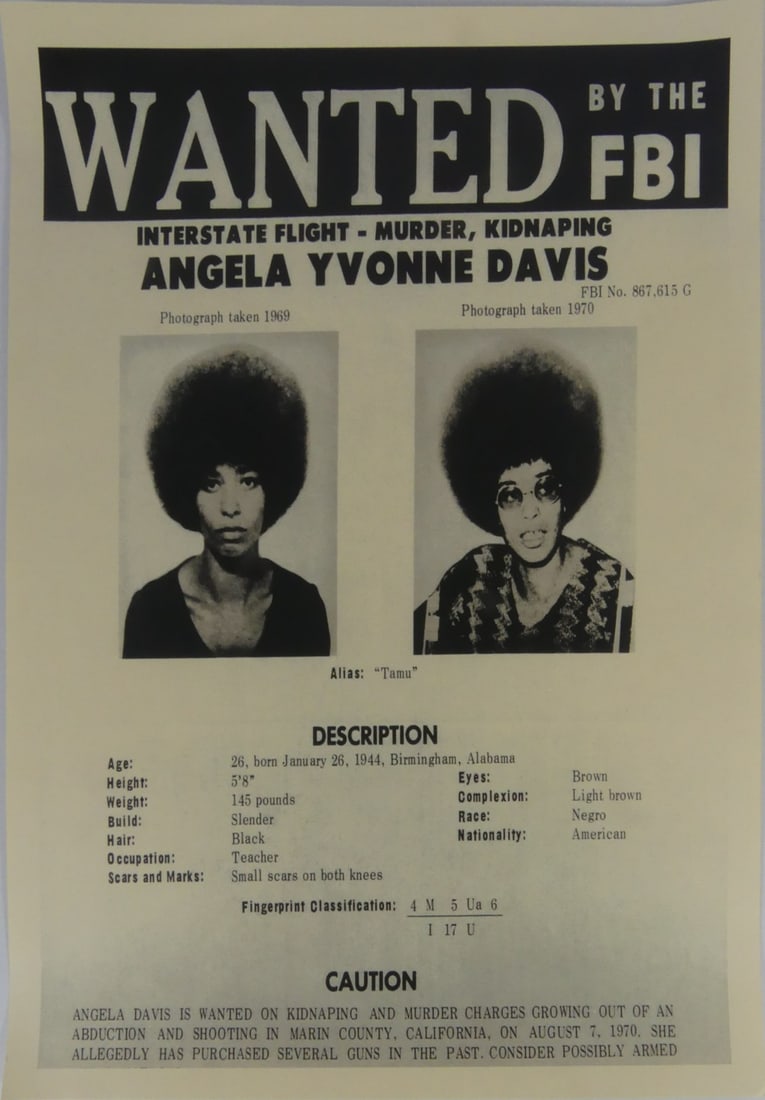 ANGELA YVONNE DAVIS FBI WANTED POSTER: Angela Yvonna Davis WANTED by the FBI 'Interstate Flight - Murder, Kidnaping' poster. Printed later. Sheet measures 18" x 12".