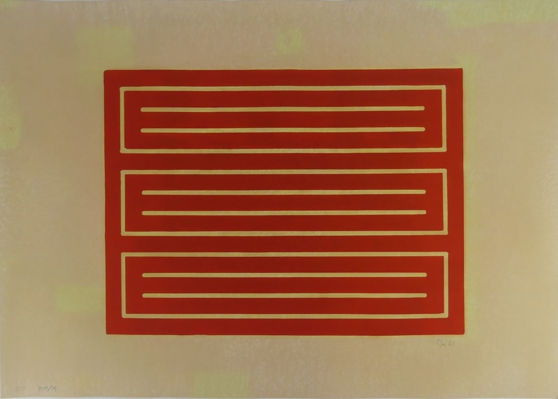 DONALD JUDD 'UNTITLED' PRINT IN CADMIUM RED: Donald Judd 'Untitled' print in Cadmium Red. Pencil signed lower right. Numbered 5/25 and dated (?) lower left. Sheet measures 29 1/4" x 21".