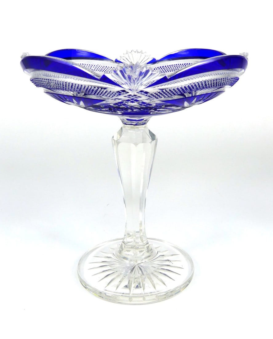 COBALT CUT TO CLEAR CRYSTAL COUPE: Cobalt cut to clear crystal coupe / footed dish. Unmarked, possibly Baccarat or Bohemian. Measures 6 1/2" x 6" x 6".