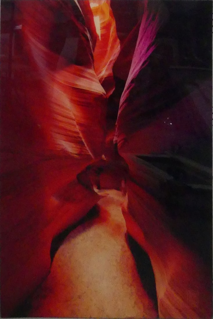 SAM RODRIGUEZ 'ANTELOPE CANYON' LARGE PHOTO: Sam Rodriguez large photo print mounted behind acrylic with wood support frame. Appears to depict Antelope Canyon. Signed in the plate lower right. Measures 48" x 32" x 2".