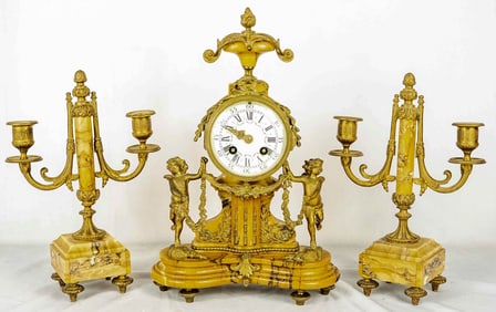FRENCH GILT METAL & MARBLE GARNITURE CLOCK SET