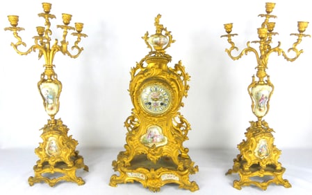 TIFFANY & CO GILT BRONZE PORCELAIN CLOCK GARNITURE