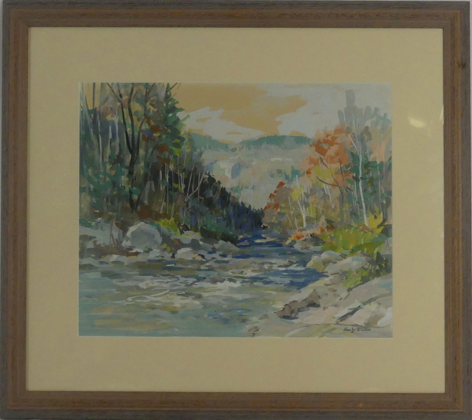 GEORGE DINCKEL 'RIVERSCAPE' WATERCOLOR ON PAPER: George Dinckel watercolor painting on paper depicting a landscape with river. Signed lower right. Viewable measures 17 1/2" x 13 5/8". Frame measures 26 3/4" x 22 3/4" x 1 1/4".