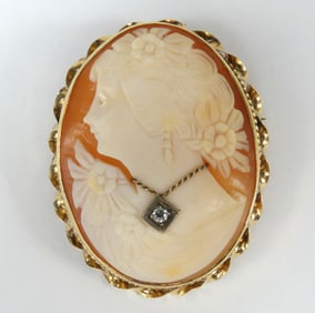 VINTAGE HAND CARVED 14k & DIAMOND CAMEO BROOCH PIN