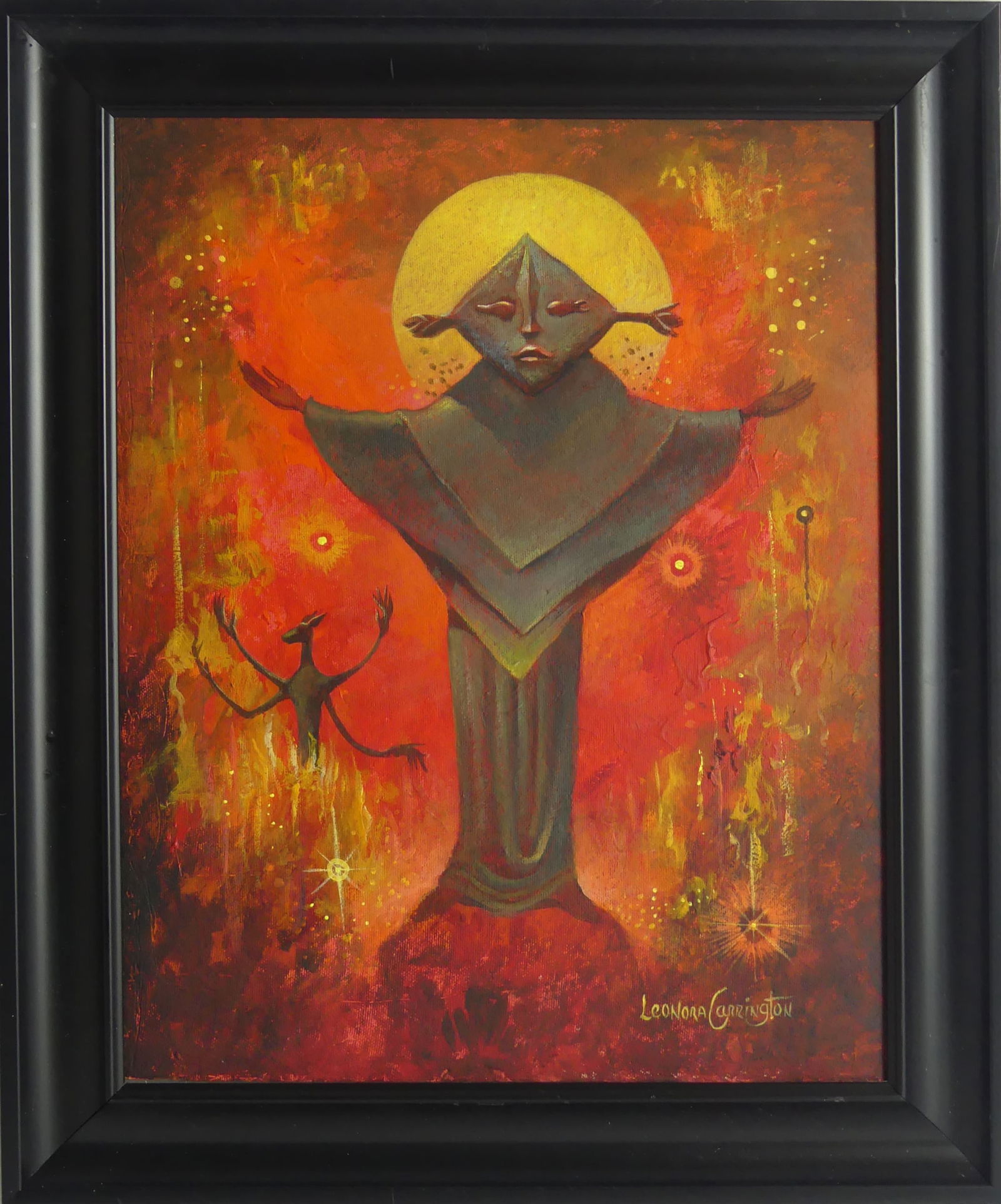 LEONORA CARRINGTON OIL PAINTING ON BOARD: Style of Leonora Carrington oil painting on board depicting two figures. Signed lower right. Viewable 13 1/2" x 10 1/2". Frame measures 17" x 14".