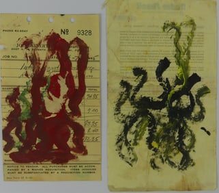 2pc PURVIS YOUNG PAINTINGS ON RECEIPT PAPER
