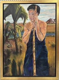 SUSAN ADELMAN 'VILLAGER w WALKING STICK' OIL