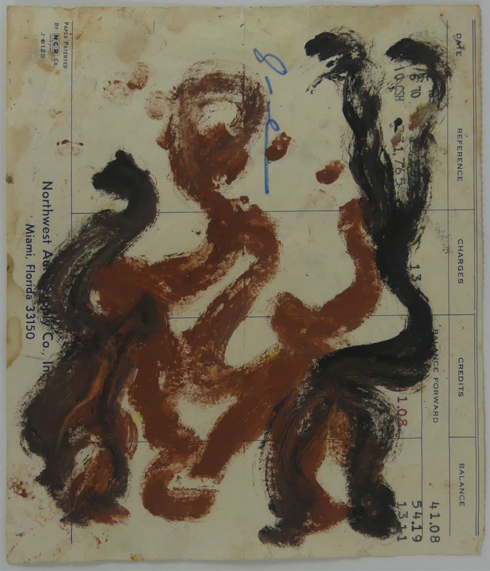 PURVIS YOUNG PAINTING ON RECEIPT PAPER: Purvis Young Outsider Folk Art painting on vintage Miami receipt. Sheet measures 6 1/4" x 5 3/8".