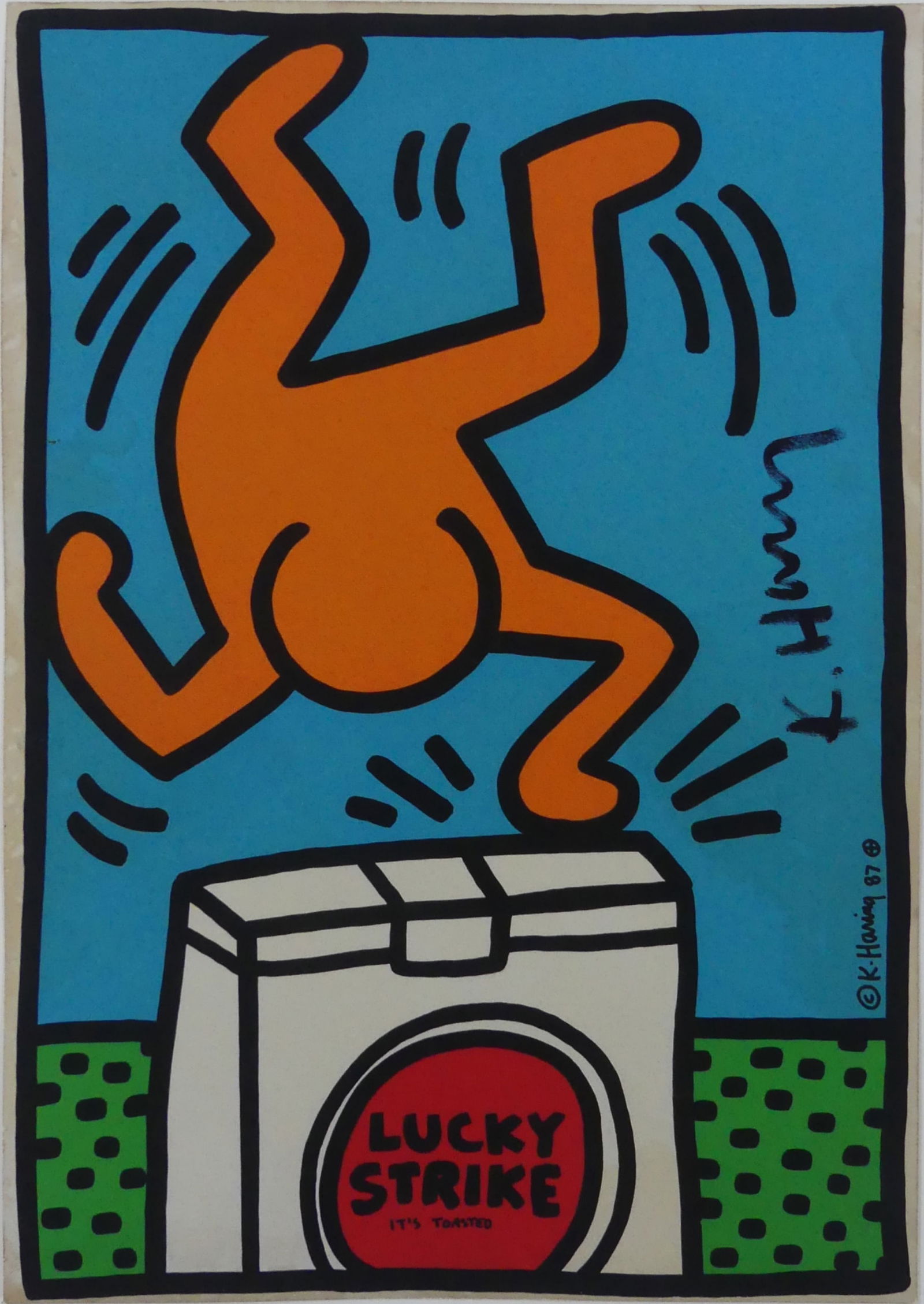 KEITH HARING 'LUCKY STRIKE' SIGNED PRINT: Keith Haring 'Lucky Strike' print. Marker signed along right margin. Sheet measures 11 5/8" x 8 1/8".