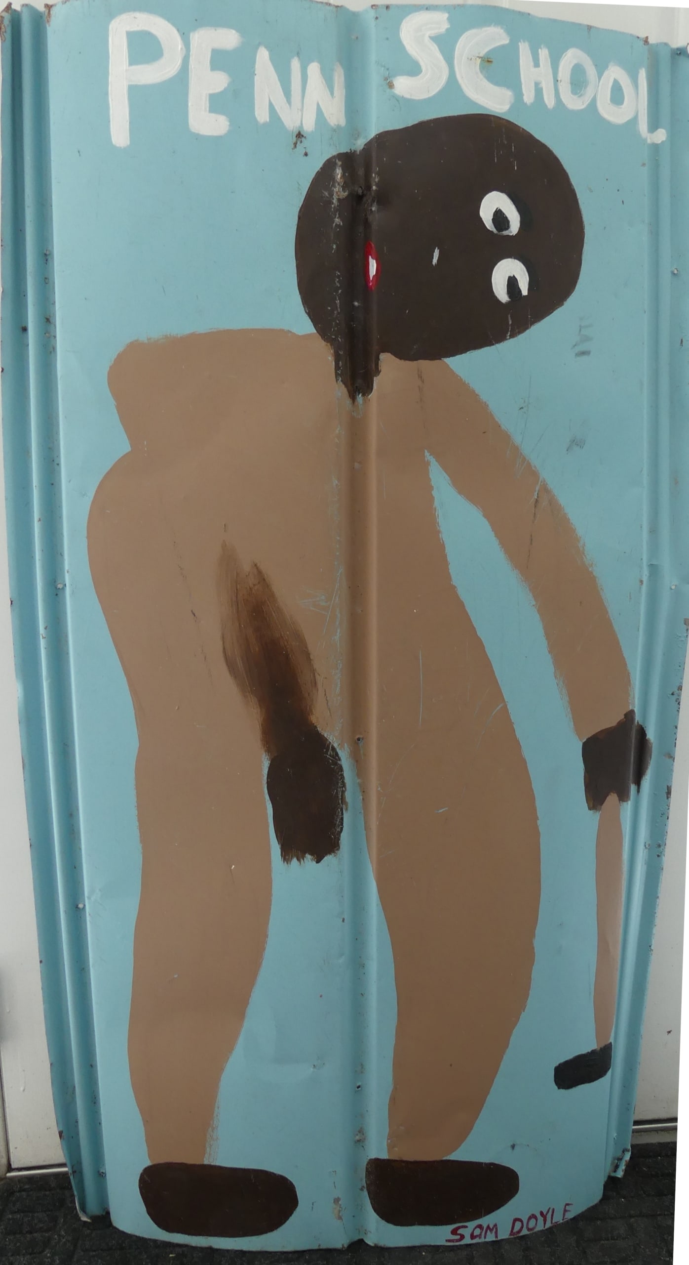 SAM DOYLE 'PENN SCHOOL' PAINTING ON METAL: Paint on found rusted metal depicting a golfer after Sam Doyle. Signed lower right. Measures 48 1/2" x 27".