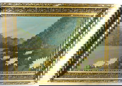 ANTIQUE AMERICAN FOLK ART PAINTING WATER LILIES