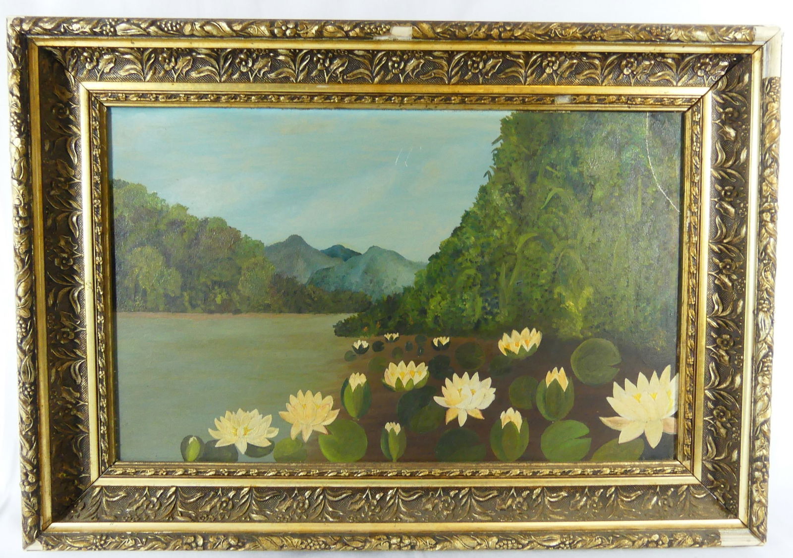ANTIQUE AMERICAN FOLK ART PAINTING WATER LILIES (1 of 5)