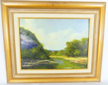DON VAUGHAN RIVERSCAPE w CARDINAL OIL ON BOARD
