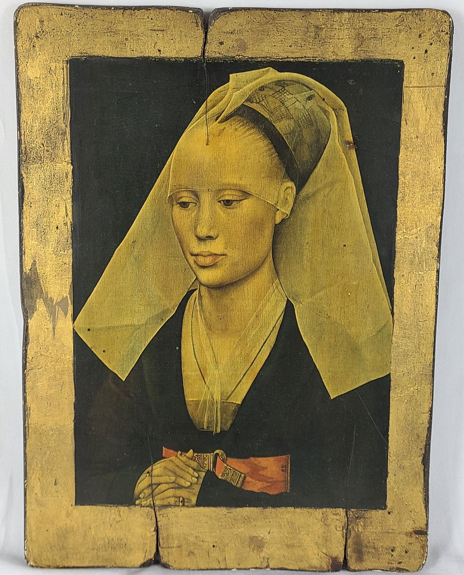 PORTRAIT OF A WOMAN AFTER ROGIER VAN DER WEYDEN: Transfer of thick wooden board depicting a portrait of a woman after Rogier Van der Weyden. Measures 13" x 17 1/2" x 3/4".
