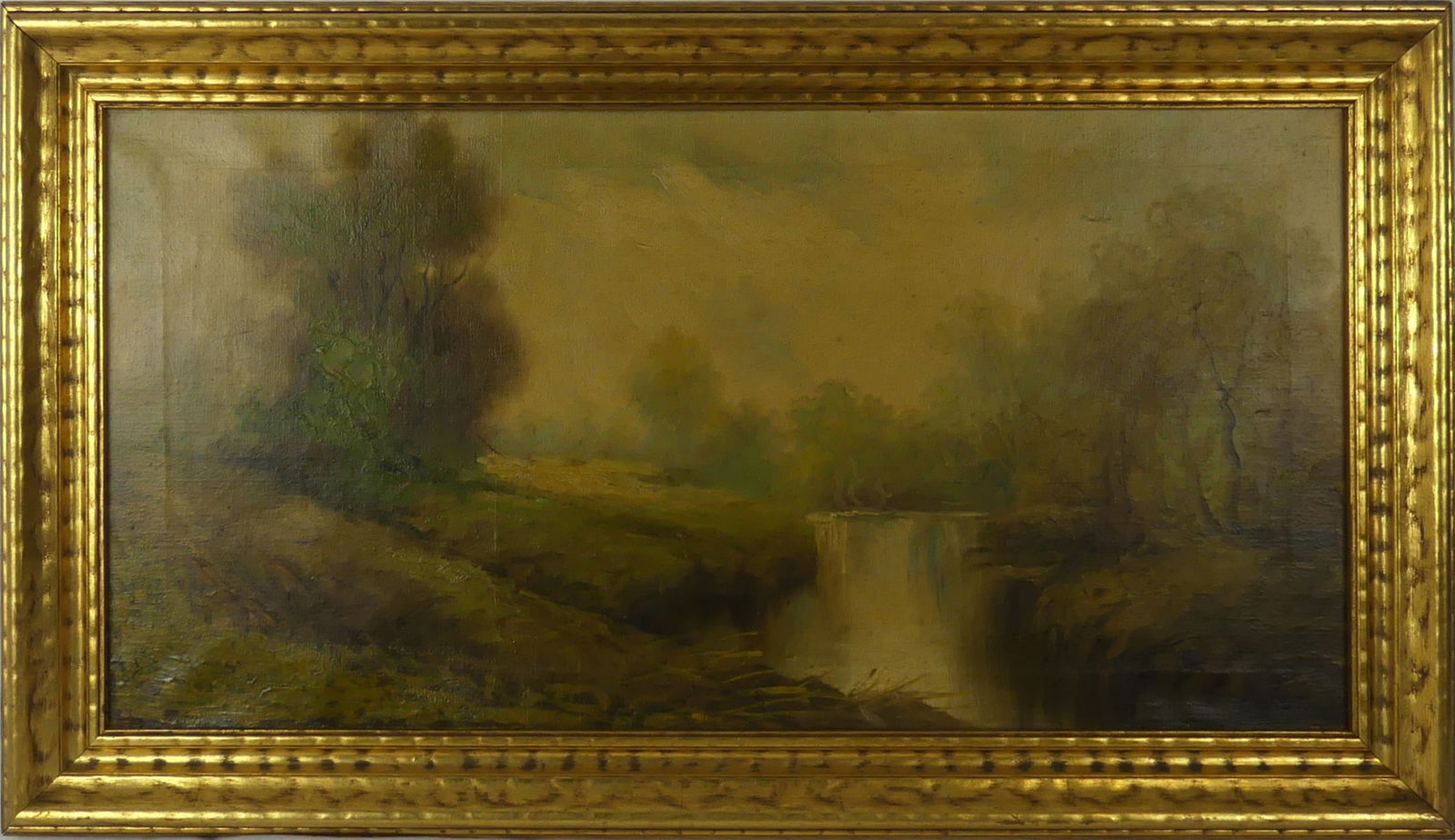 SCHOOL OF COROT 'LANDSCAPE' OIL PAINTING ON CANVAS: School of Jean-Baptiste-Camille Corot oil painting on canvas depicting a landscape with stream. SIgned lower right. Viewable measures 23 1/2" x 11 1/2". Frame measures 27 1/2" x 15 1/2".