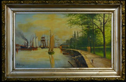 ALFRED ANDERSON 'HARBOR SCENE' OIL ON CANVAS