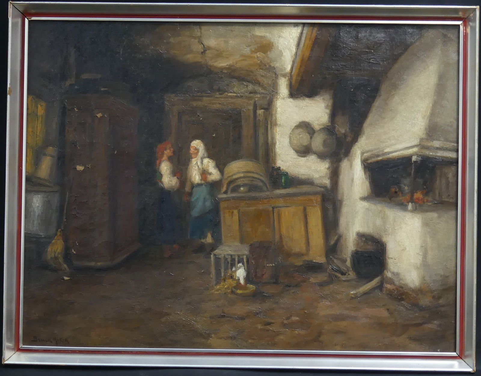 MIKSA BRUCK HUNGARIAN OIL PAINTING ON CANVAS: Miksa Bruck (Hungarian, 1863-1920) oil painting on canvas depicting an interior scene with two figures. Signed lower left. Measures 27 3/4" x 21" + 1 1/4" frame.