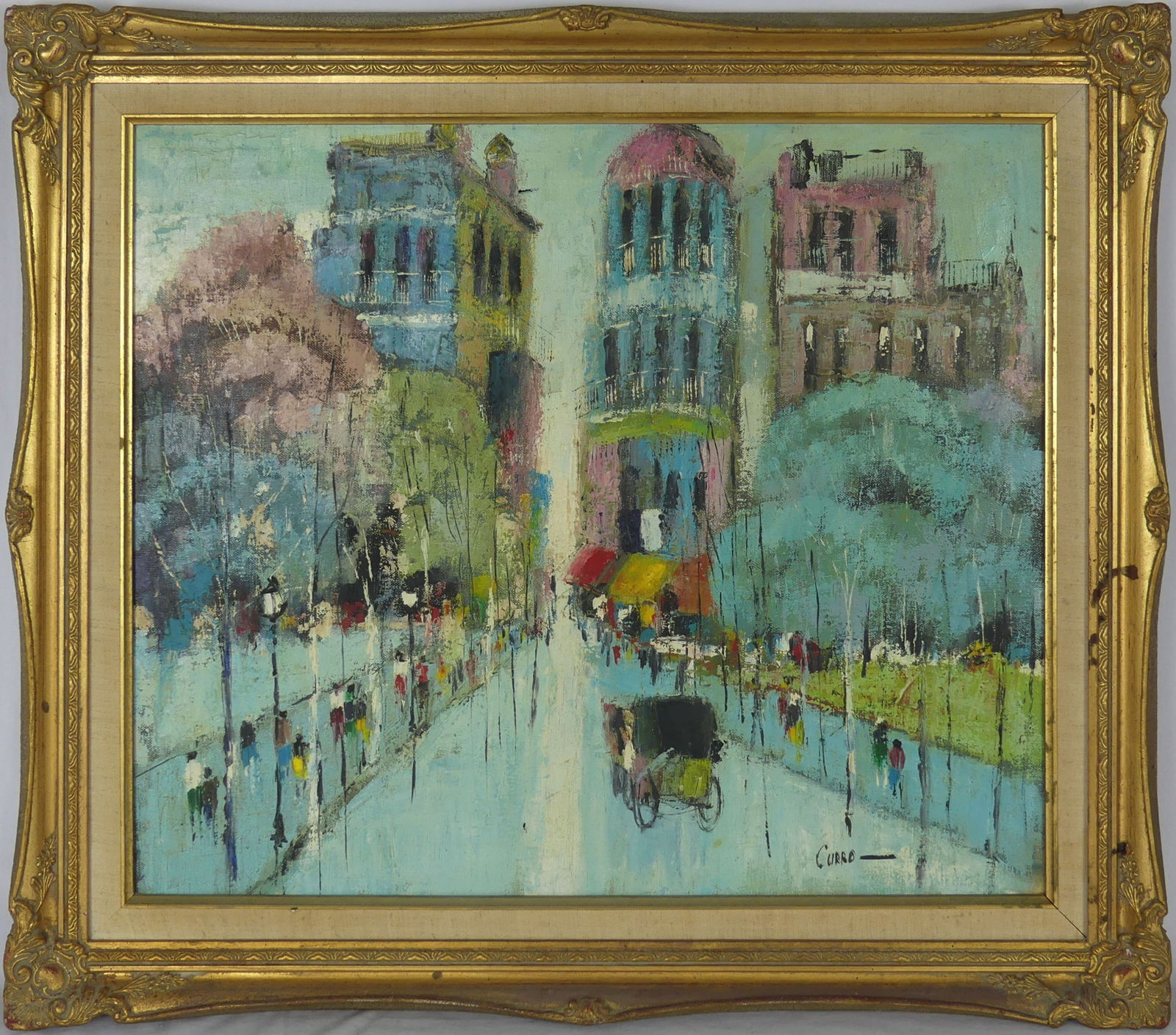 PARISIAN STREET SCENE OIL PAINTING / CANVAS SIGNED: Oil painting on canvas depicting a Parisian street scene. Signed Curro lower right. Viewable measures 23 1/2" x 19 1/2". Frame measures 29 1/2" x 25 1/2".