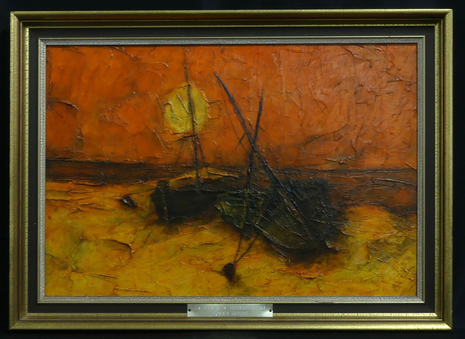 TOMAS GOULDE ACRYLIC PAINTING ON BOARD: Tomas Goulde (American, 20th C) acrylic painting on board depicting three boats on a beach. Titled 'La Playa Buenaventura'. Signed lower right. Measures 21 1/2" x 14 1/2" + 2" frame.