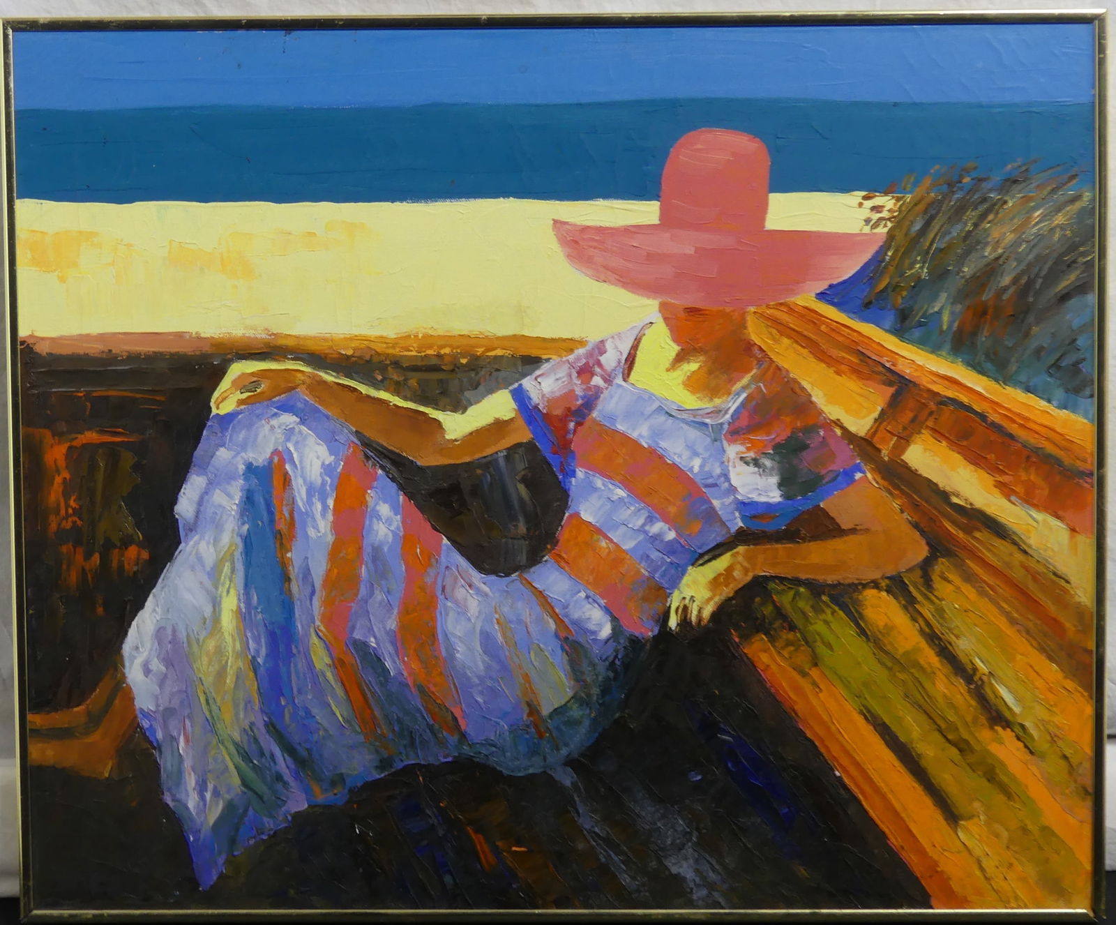 SIMBARI STYLE ACRYLIC PAINTING ON CANVAS: Acrylic painting in the style of Nicola Simbari depicting a reclining figure at the beach. Measures 23 3/4" x 19 3/4" + 1/4" frame.