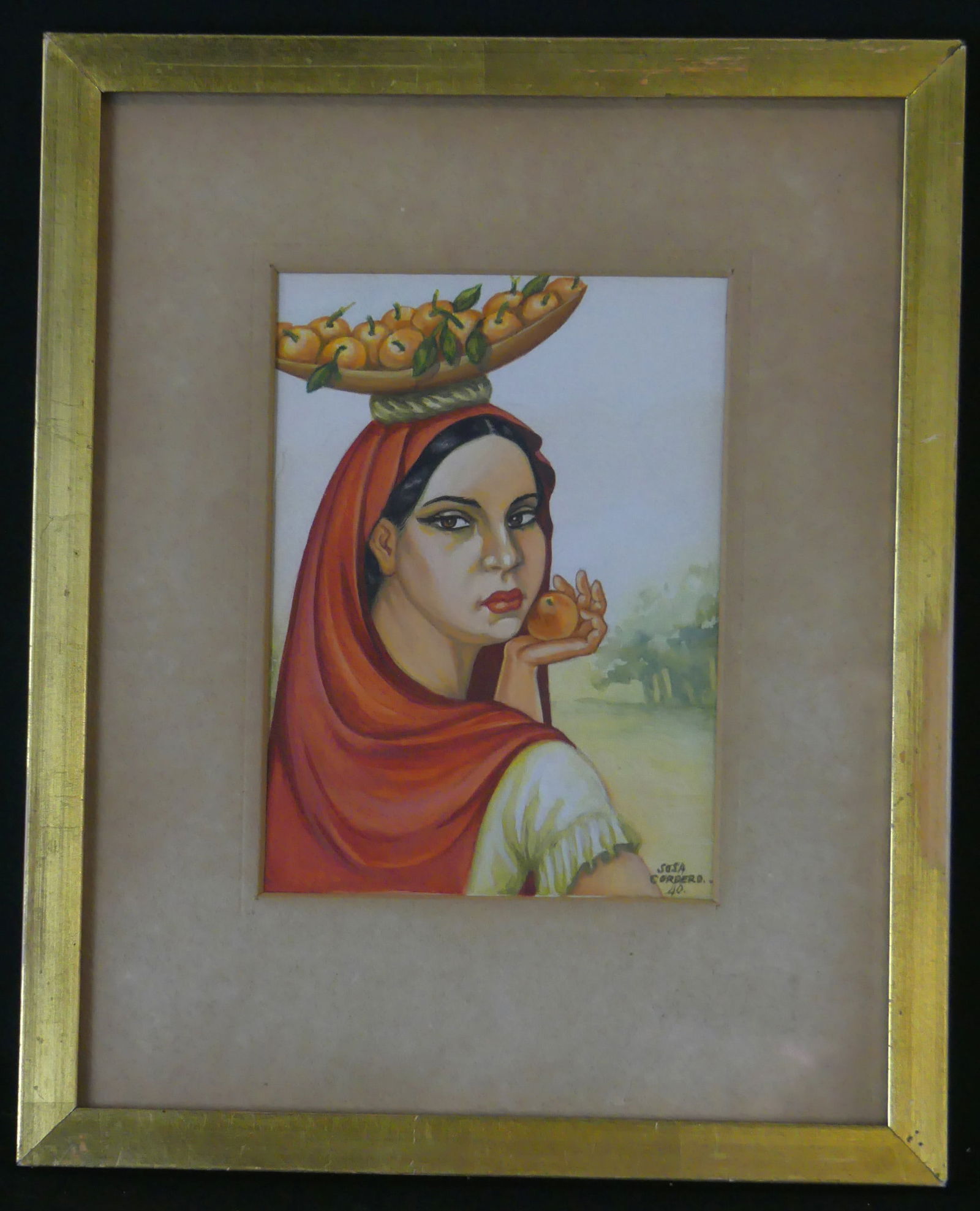 SOSA CORDERO WATERCOLOR ON PAPER: Sosa Cordero (Argentinean, 20th C) watercolor on paper depicting a woman with basket of oranges. Signed lower right and dated 1940. Measures 6 5/8" x 4 5/8" + 3" mat & frame.