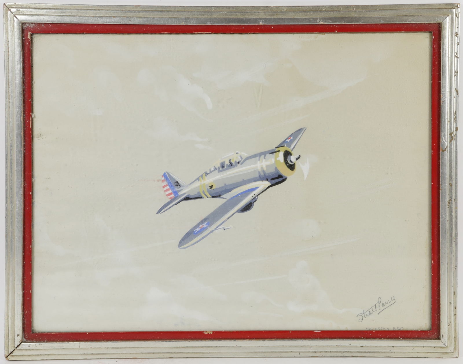 SEVERSKY P-35 VINTAGE PAINTING SIGNED PERRY: Gouache painting on paper depicting a Seversky P-35 American fighter plane. Inscribed Seversky P-35 and signed Stuart (?) Perry lower right. Measures 17" x 12 1/2" + 1" frame.