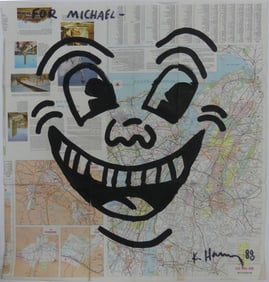 KEITH HARING 'FACE' INK DRAWING ON NYC MAP