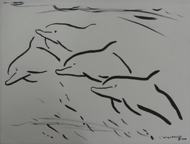 ROBERT WYLAND 'DOLPHIN POD' INK DRAWING ON PAPER