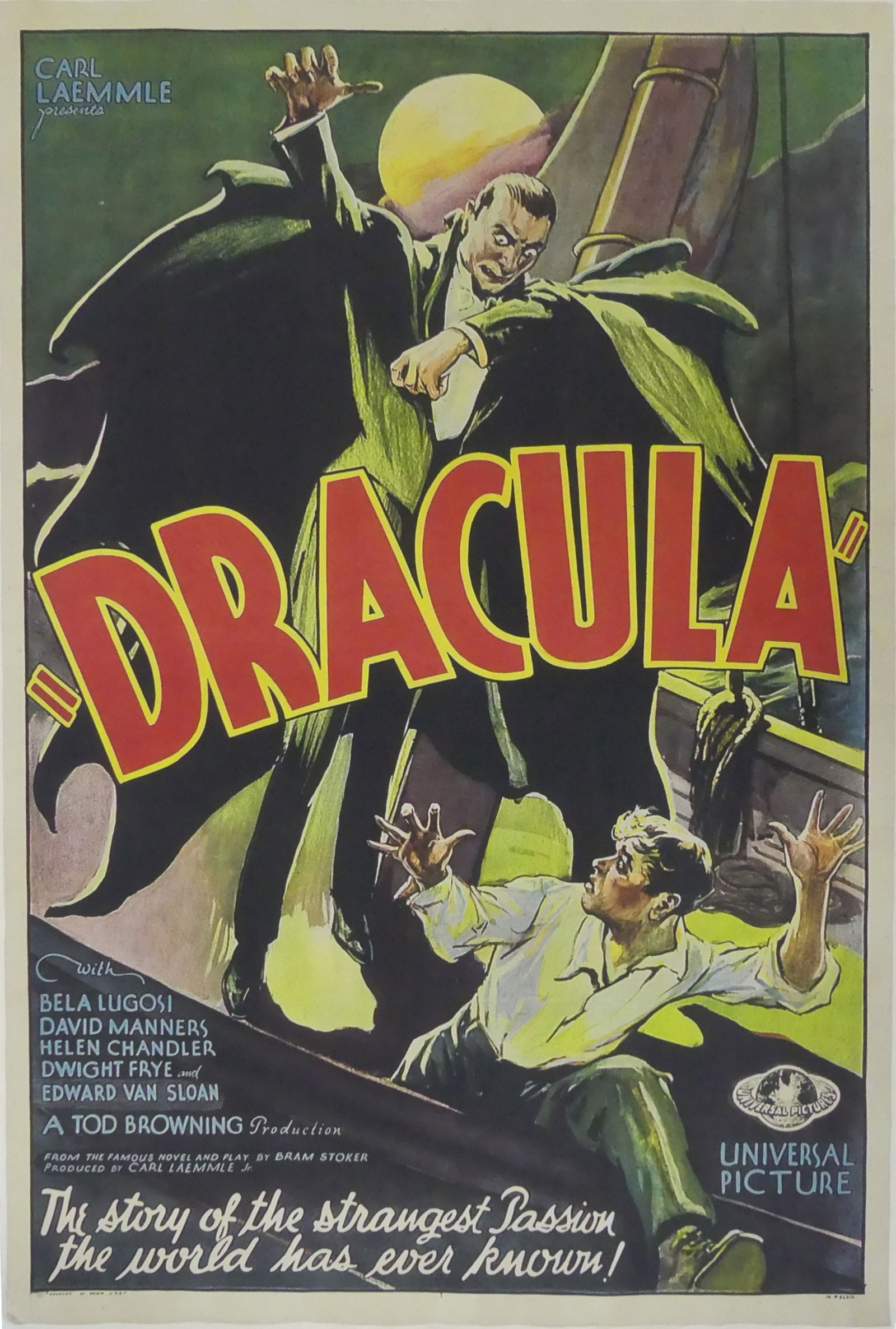 DRACULA UNIVERSAL PICTURES HORROR MOVIE POSTER: Dracula with Bela Lugosi horror movie poster. Print date unknown. Mounted to canvas. Sheet measures 40 3/4" x 26 3/4".