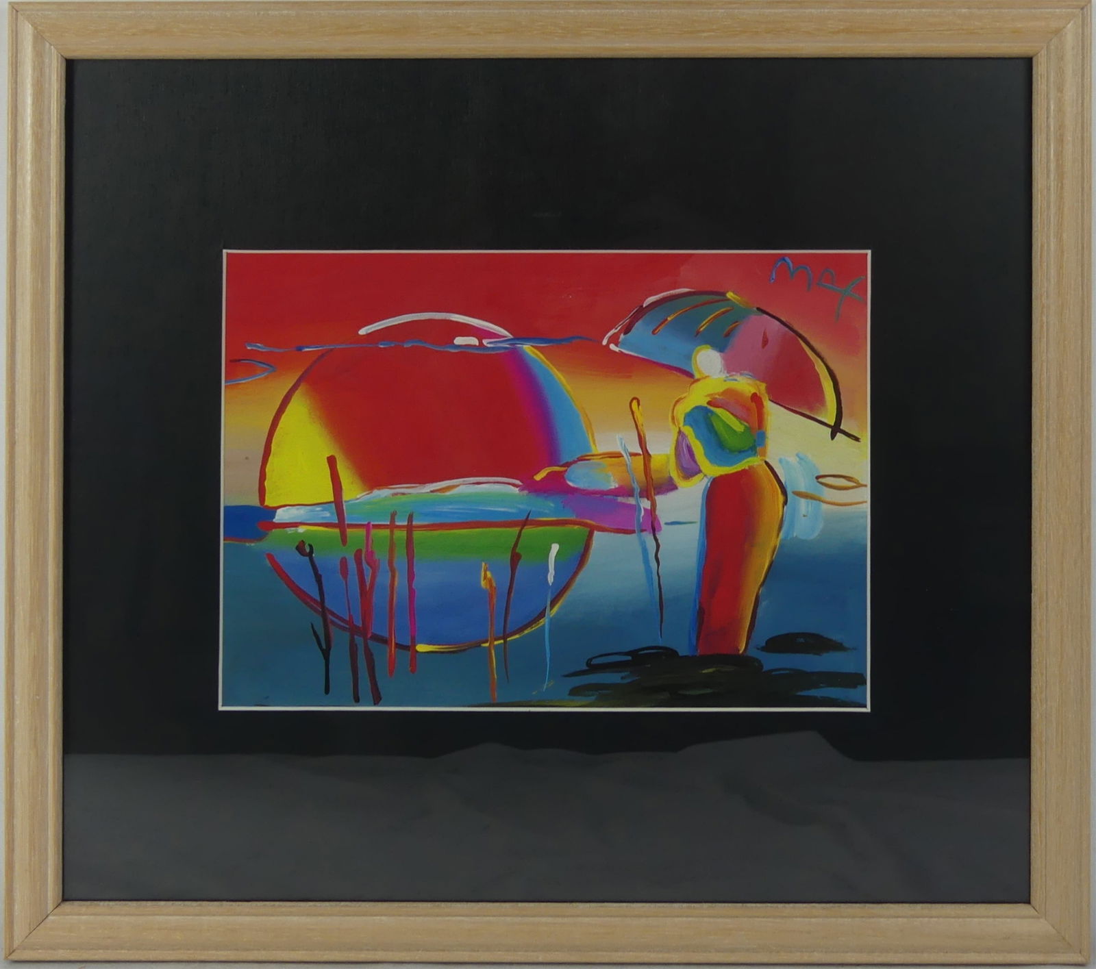 PETER MAX 'UMBRELLA MAN IN WEEDS' MIXED MEDIA: Mixed media painting with acrylic on paper depicting Umbrella Man in Weeds attributed to Peter Max. Signed upper right. Viewable measures 10 1/4" x 7 1/4". Frame measures 17 1/4" x 15 1/2".