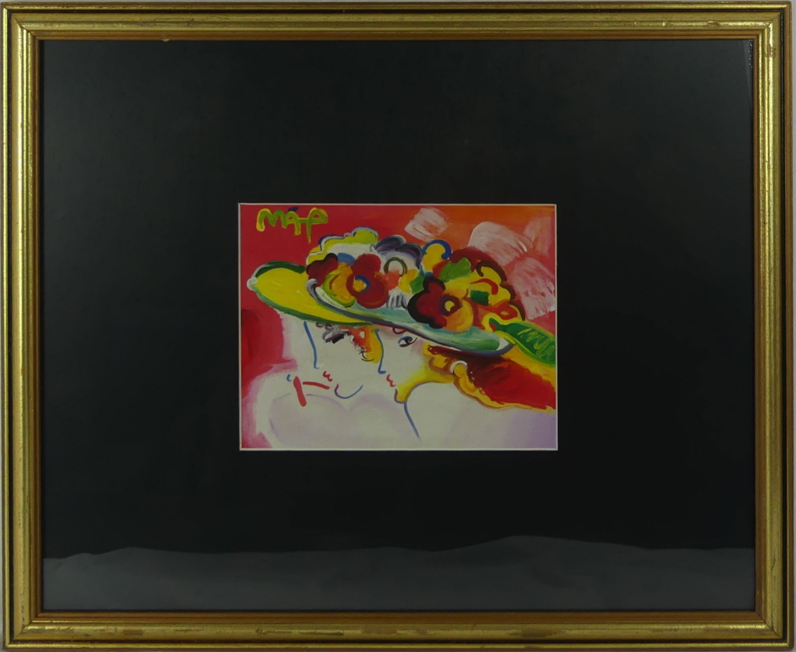 PETER MAX 'BLUSHING BEAUTIES' MIXED MEDIA PAINTING: Mixed media painting with acrylic on paper depicting two women attributed to Peter Max. Signed upper left. Stamps to verso. Viewable measures 8 1/2" x 6 5/8". Frame measures 21 1/2" x 17 3/4".