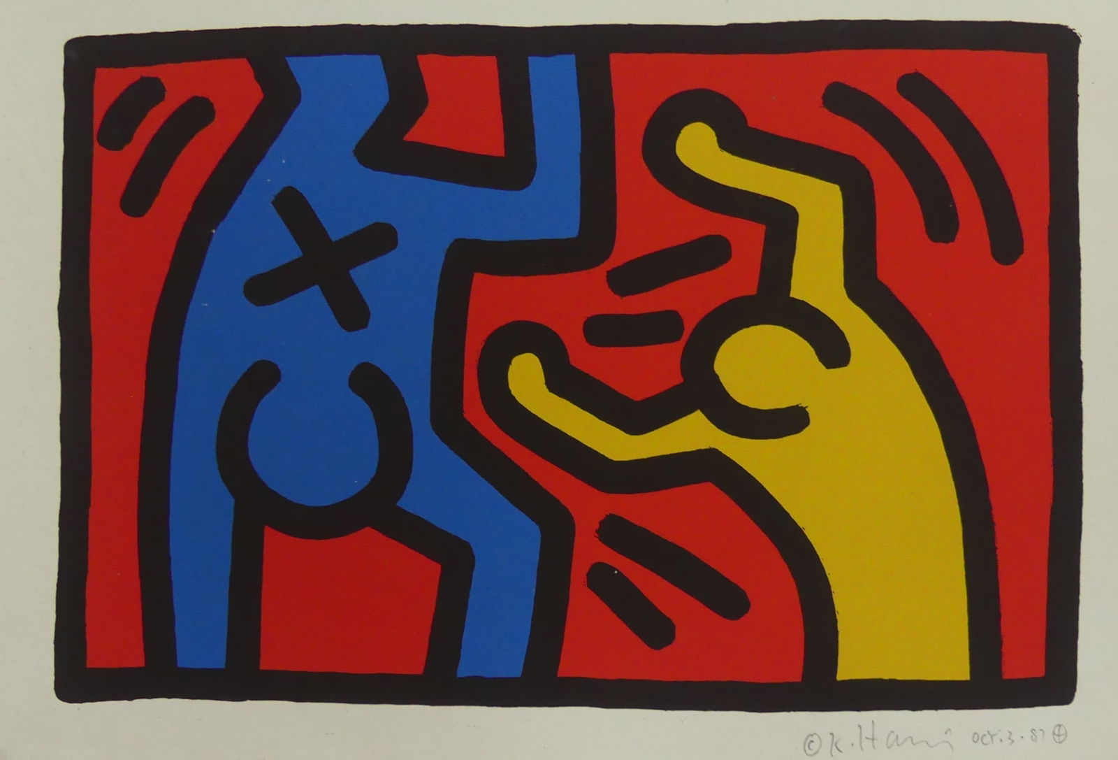 KEITH HARING 'UNTITLED, PLATE 4' LITHOGRAPH: Keith Haring 'Untitled (Plate 4)' color lithograph. Pencil signed and dated lower right. Sheet measures 14 3/4" x 11".