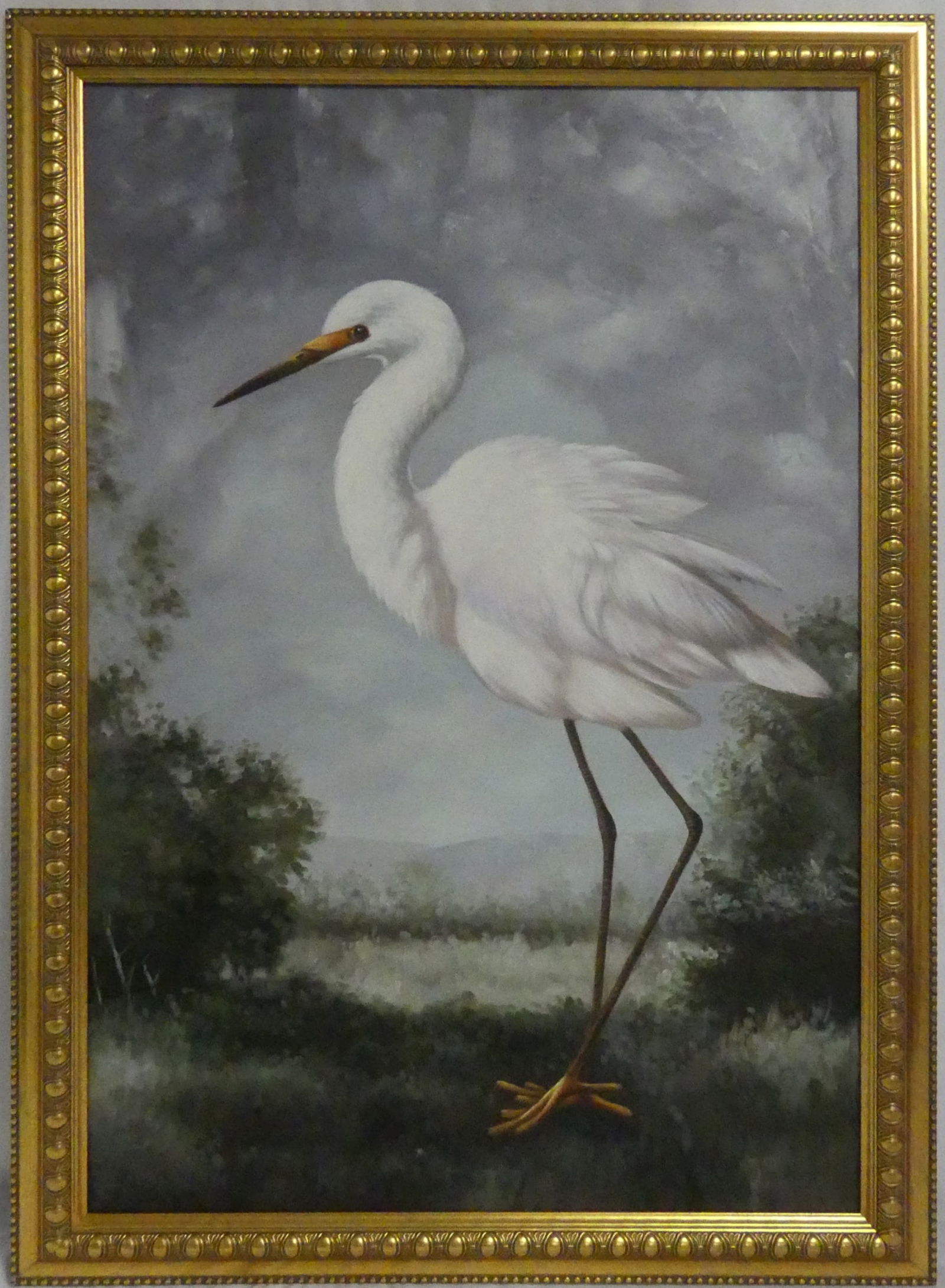 'EGRET' OIL PAINTING ON CANVAS: Contemporary oil painting on canvas depicting an egret. Viewable measures 35 1/2" x 23 1/2". Frame measures 40 1/2" x 28 1/2".