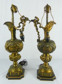 PR RENAISSANCE STYLE GILT METAL EWER DRAGON LAMPS
