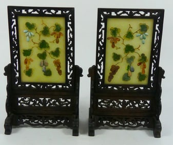 PR CHINESE JADE PLAQUE IN CARVED WOODEN STANDS