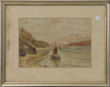 WATERCOLOR PAINTING 'BEACH SCENE w BOAT' SIGNED