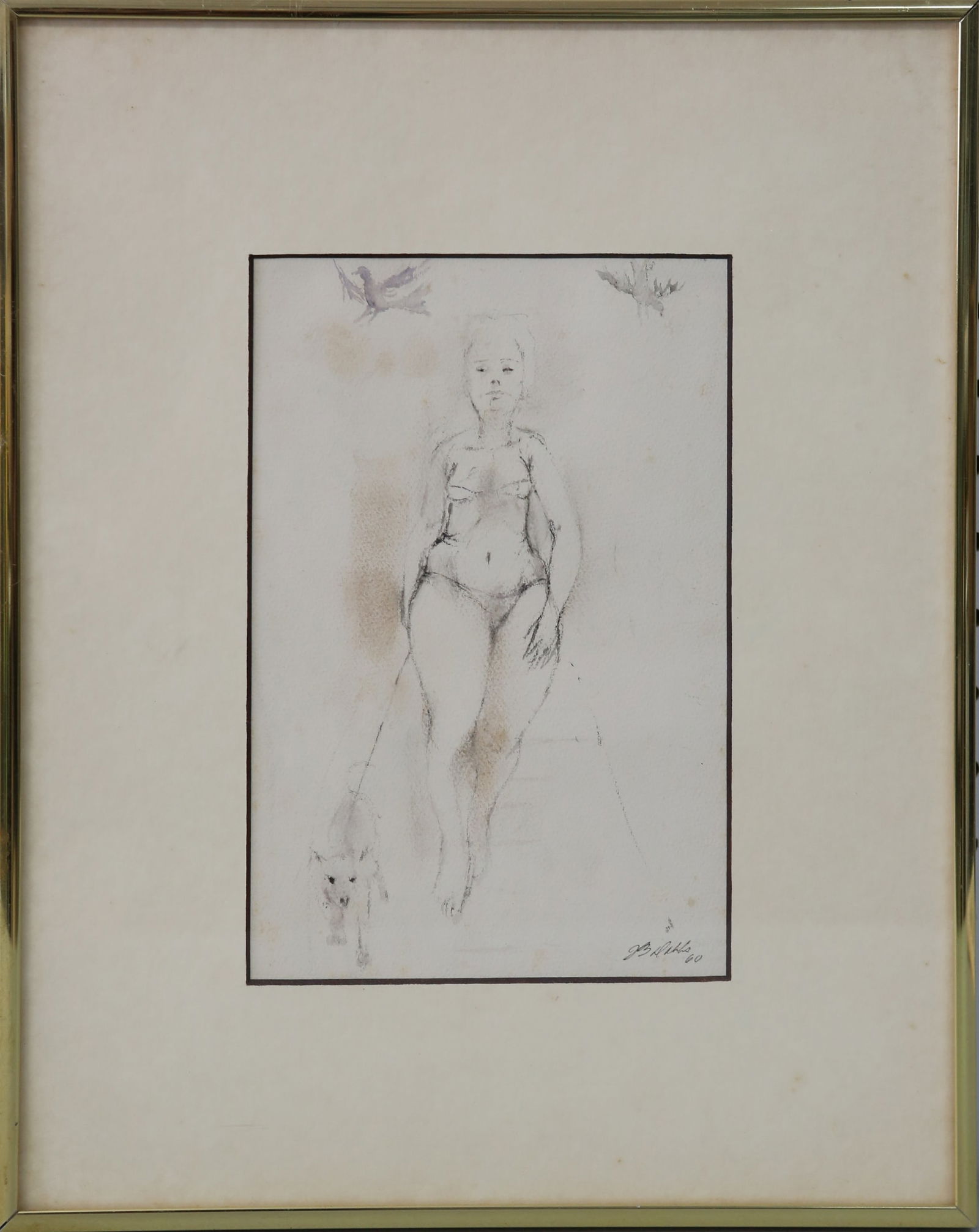 JOHN B. DOBBS 'WOMAN WITH DOG' WATERCOLOR: John Barnes Dobbs (American, 1931-2011) watercolor on paper depicting a woman in bikini walking her dog. Pencil signed lower right and dated 1960. Measures 9" x 6" + 3" mat & frame.