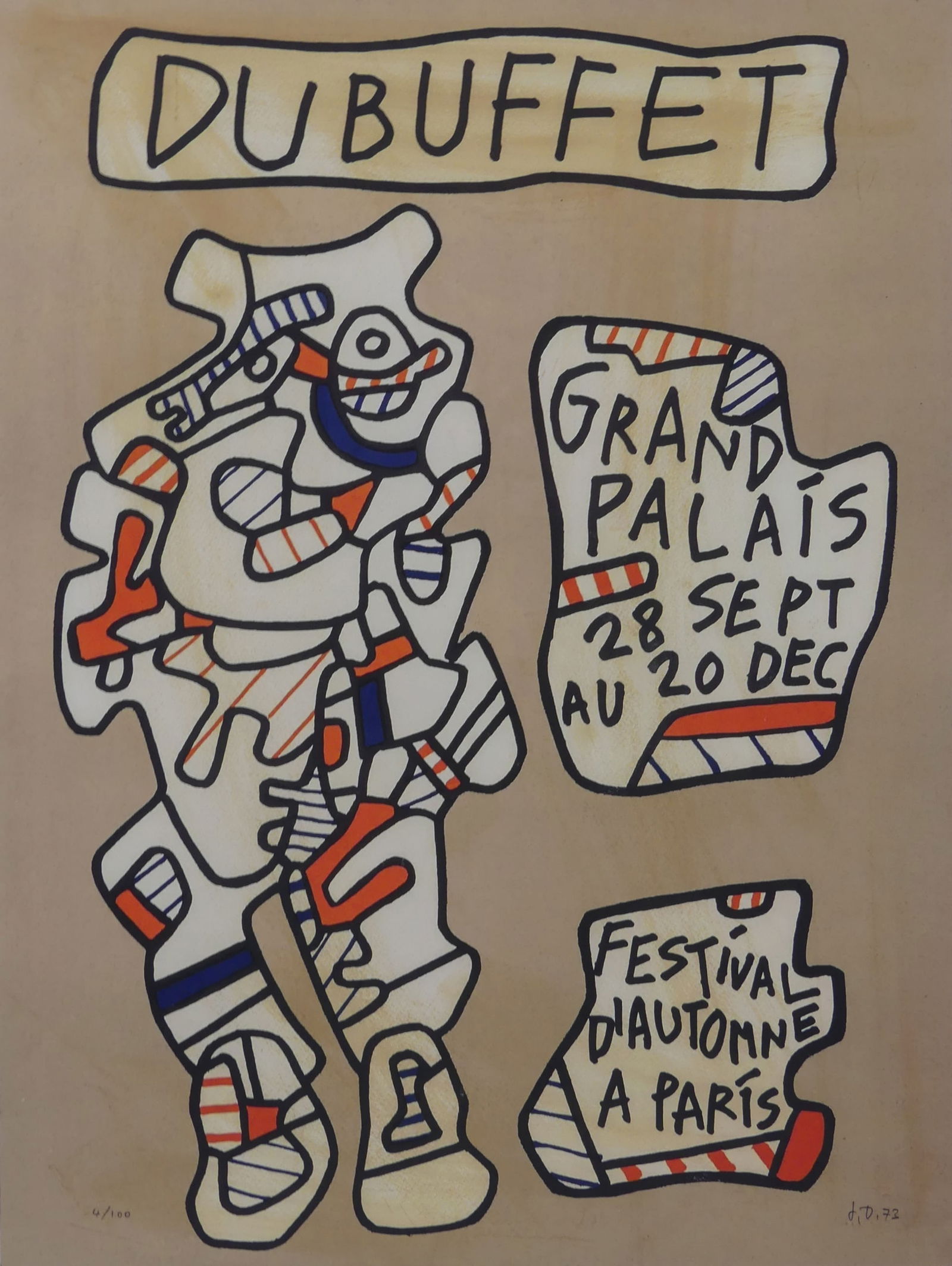 JEAN DUBUFFET 'AFFICHE POUR GRAND PALAIS' LITHO: Jean Dubuffet 'Affiche pour Grand Palais' color lithograph after the original. Signed, dated 1972, and numbered 4/100 in the plate. Sheet measurers 27 1/4" x 20 1/2".