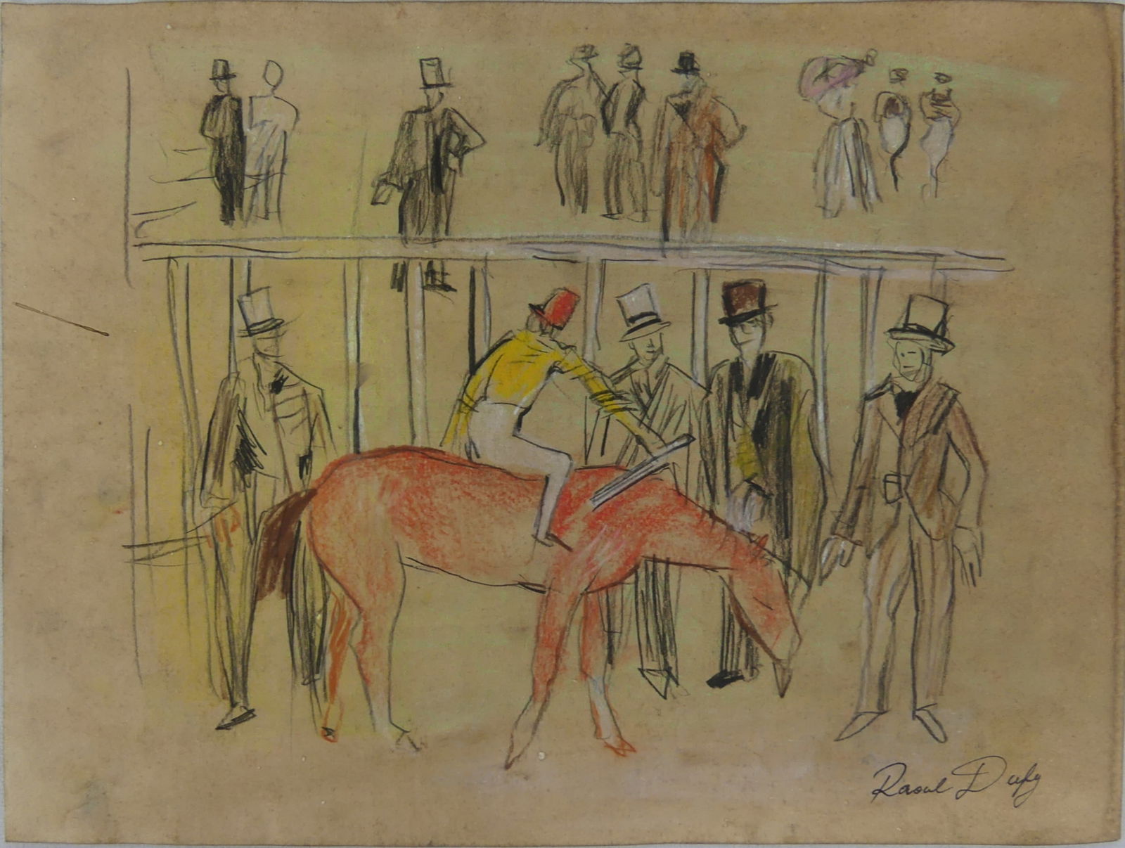 RAOUL DUFY 'JOCKEY' MIXED MEDIA ON PAPER: Style of Raoul Dufy mixed media on paper. Signed lower right. Holds labels to verso. Sheet measures 12" x 9".