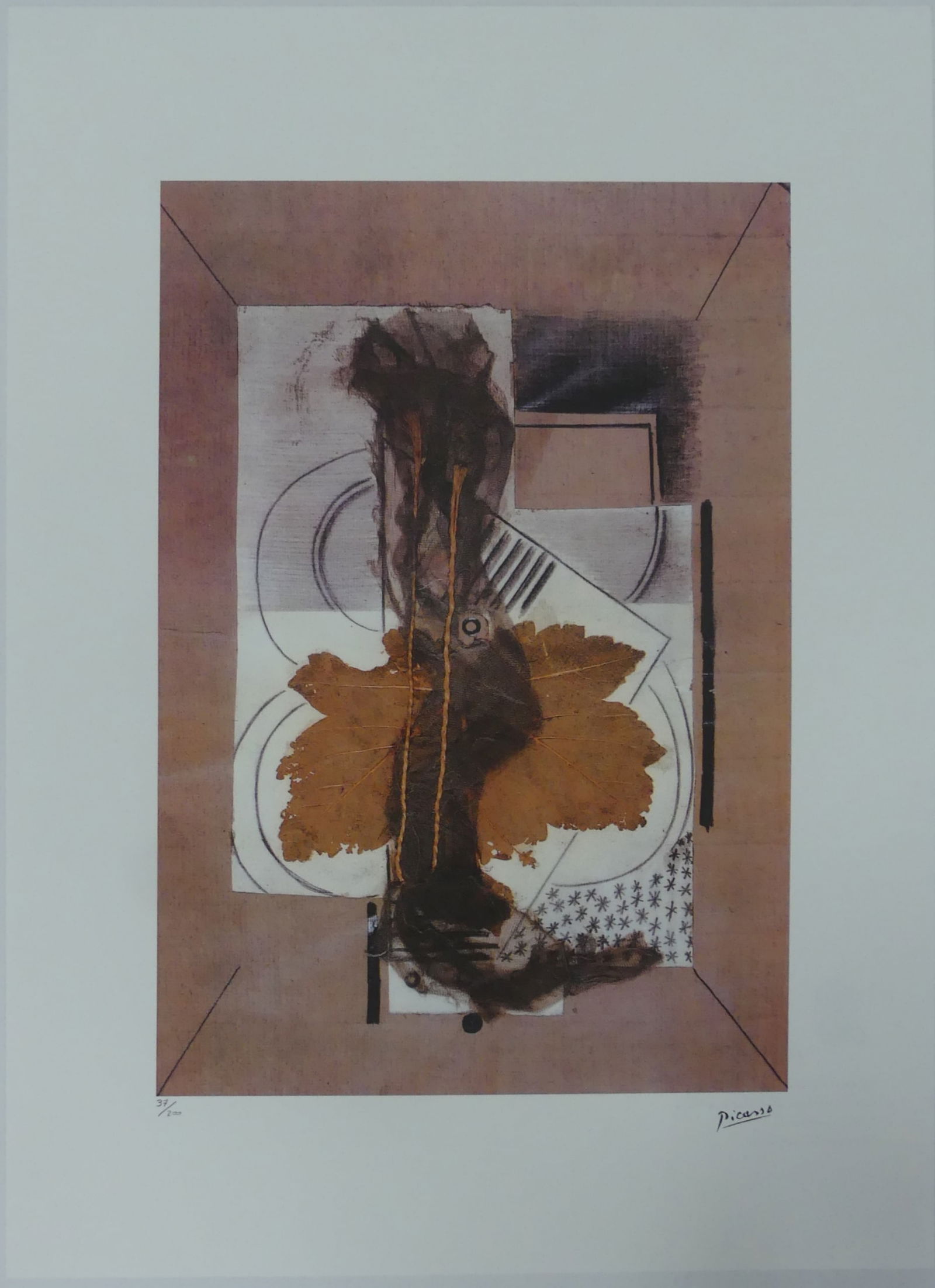 PABLO PICASSO 'COLLAGE' LITHOGRAPH: Pablo Picasso lithograph of a collage with brown tones. Signed in the plate lower right. Numbered 37/200 in pencil and holds blindstamp lower left. Marked Copyright Foundation Pablo Picasso to verso.